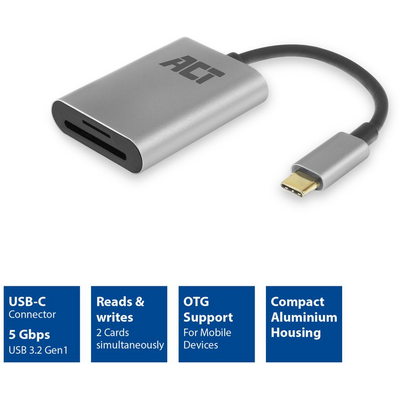 ACT AC7054 USB-C Card Reader for SD/Micro SD Silver