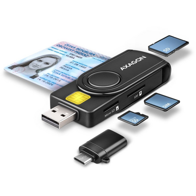 Axagon CRE-SMP2A USB Smart card & SD/microSD/SIM card PocketReader összecsukható okos kártyaolvasó