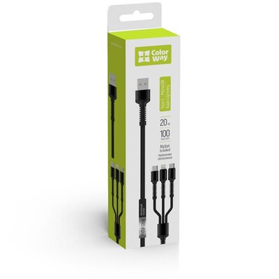 COLORWAY Kábel, Cable 3in1 (Lightning+MicroUSB+Type-C) 4.0A (20W) 1.2m grey (CW-CBU3003-GR)