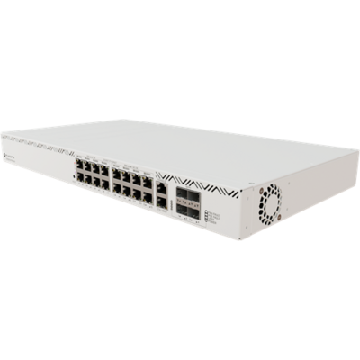 MikroTik Cloud Router Switch PoE 600W (1150W dupla PSU-val), 16x gigabites RJ45 PoE port, 4xSFP+ port, rackbe szerelhető