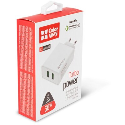 COLORWAY USB töltő adapter, 2USB Quick Charge 3.0 (36W) white (CW-CHS017Q-WT)