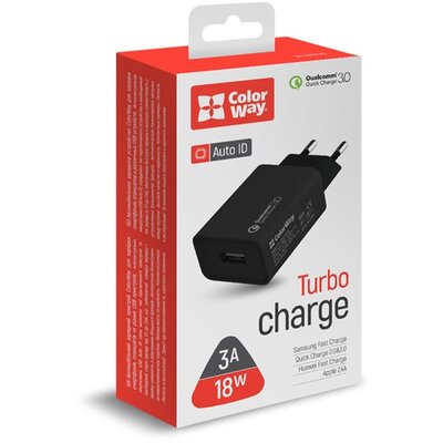 COLORWAY USB töltő adapter, 1USB Quick Charge 3.0 (18W) black (CW-CHS013Q-BK)