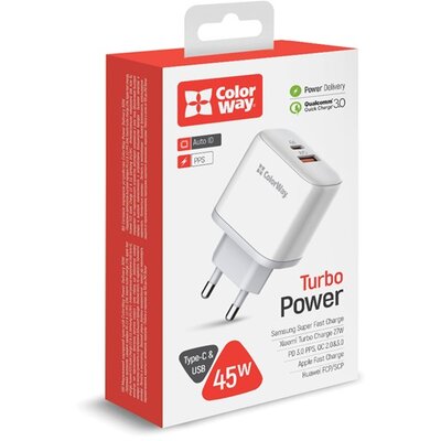 COLORWAY USB töltő adapter, Power Delivery Port PPS USB (Type-C PD + USB QC3.0) (45W) white (CW-CHS042PD-WT)