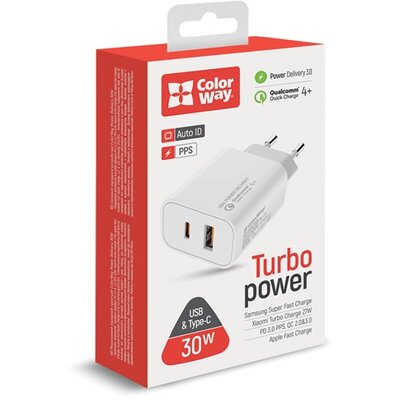 COLORWAY USB töltő adapter, Power Delivery Port PPS USB (Type-C PD + USB QC3.0) (30W) white (CW-CHS037PD-WT)