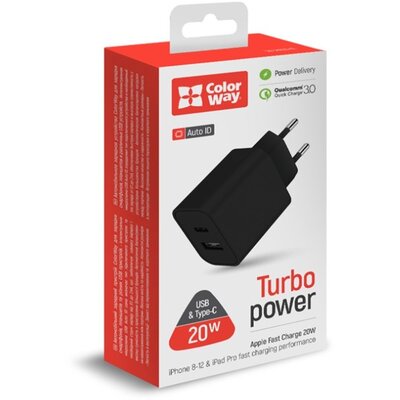 COLORWAY USB töltő adapter, (Type-C PD + USB QC3.0) (20W) V2 black