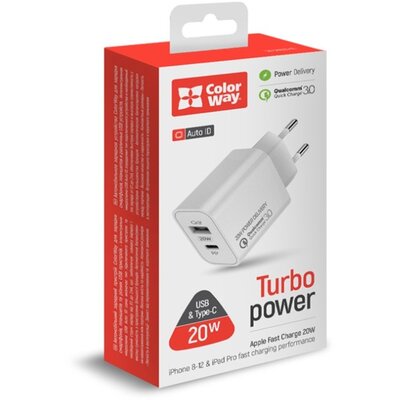 COLORWAY USB töltő adapter, (Type-C PD + USB QC3.0) (20W) V2 white