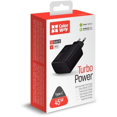 COLORWAY USB töltő adapter, Power Delivery Port PPS USB Type-C (45W) black (CW-CHS034PD-BK)