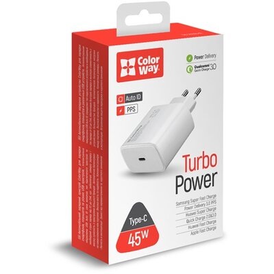 COLORWAY USB töltő adapter, Power Delivery Port PPS USB Type-C (45W) white (CW-CHS034PD-WT)