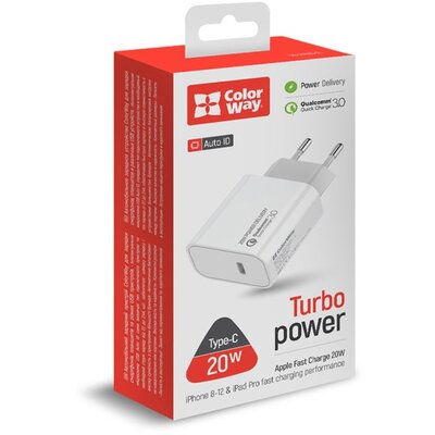 COLORWAY USB töltő adapter, Power Delivery Port USB Type-C 20W V2 fekete (CW-CHS026PD-BK)