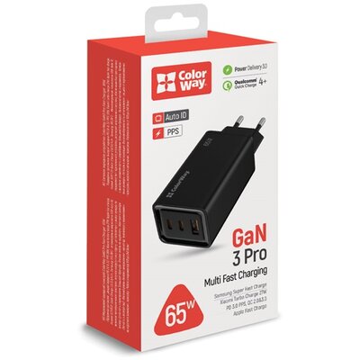 COLORWAY USB töltő adapter, GaN3 Pro Power Delivery (USB-A + 2 USB TYPE-C) (65W) fekete (CW-CHS039PD-BK)