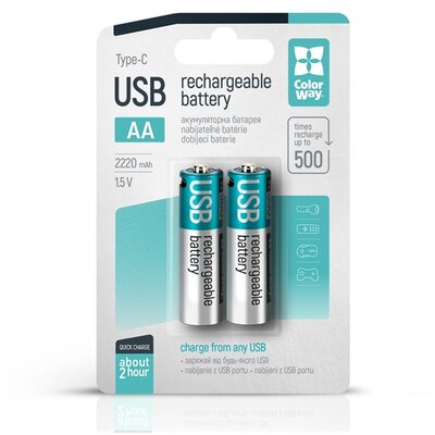 COLORWAY AA újratölhető elem, USB-C 2200 mAh 1.5B (Li-Polymer) (2pc.) (CW-UBAA-10)