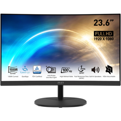 MSI Monitor Business PRO MP2412C 23,6" Ívelt FHD, 1920x1080, VA, 100Hz, 3000:1 CR, 250cd/m2, 1ms, HDMI, DP, Black