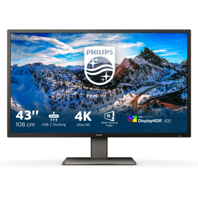 PHILIPS VA monitor 42.51" 439P1, 3840x2160, 16:9, 4ms, 400cd/m2, 3xHDMI/DisplayPort/USB-C/3xUSB/LAN/RS232, hangszóró