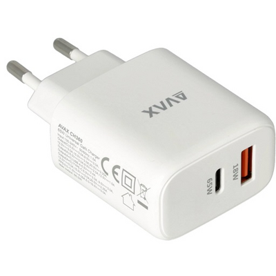 AVAX CH360 SPEEDY 65W GaN hálózati töltő USB A (QC)+Type C (PD3.0), fehér