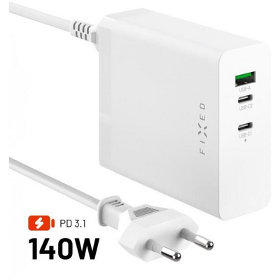 FIXED hálózati töltőállomás, 2xUSB-C/1xUSB, GaN technológia, PD 3.1 támogatás, 140W, fehér