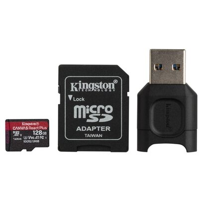 Kingston 128GB SD micro Canvas React Plus (SDXC Class 10 UHS-II U3) (MLPMR2/128GB) memória kártya adapterrel, olvasóval