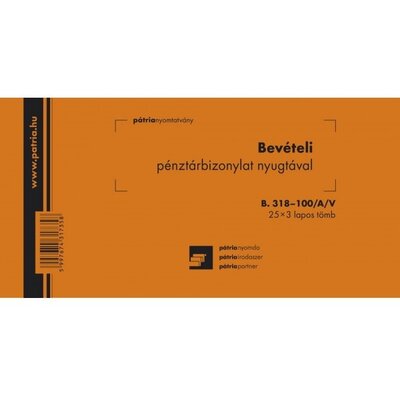 B.318-100/A/V 25x3 "Bevételi pénztárbizonylat nyugtával" nyomtatvány