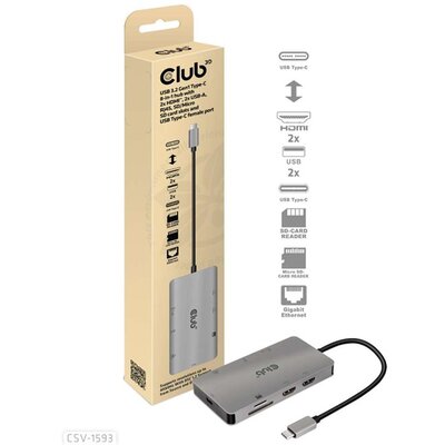 CLUB3D USB Type C 8in1 (2xHDMI, 2xUSB A, RJ45, SD/microSD, USB Type-C) HUB