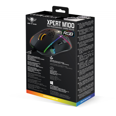Spirit of Gamer Egér - S-XM100 (Optikai, 12400DPI, RGB, Omron kapcsolók, 8 gomb, harisnyázott kábel, fekete)