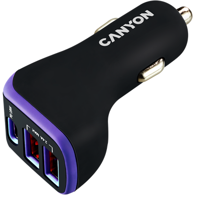 CANYON Autós Töltő, 3 portos, 2xUSB-A, 1xUSB-C, 5V-2,4A, 18W, fekete-lila - CNE-CCA08PU