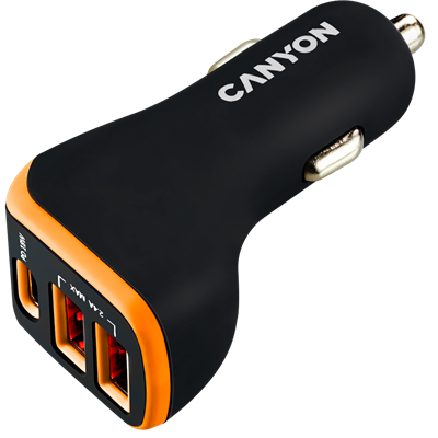 CANYON Autós Töltő, 3 portos, 2xUSB-A, 1xUSB-C, 5V-2,4A, 18W, fekete-narancs - CNE-CCA08BO