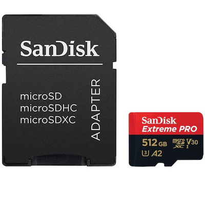 Sandisk EXTREME PRO MICROSDXC 512GB+SD ADAPTER 200MB/S 140MB/S A2 C10 V