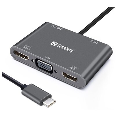 Sandberg Notebook Dokkoló - USB-C Dock (USB-C bemenet; 2xHDMI+USB-A3.0+1xVGA kimenet)