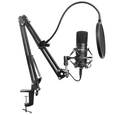Sandberg Mikrofon - Streamer USB Microphone Kit (fekete; USB; Pop-filter; lökés-csillapító; állítható asztali tartókar)