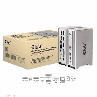 DOC Club3D USB Gen2 Type-C Triple Display DP 1.4 Alt mode + Smart PD Töltődokkoló - 120 Watt PSU