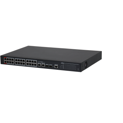 Dahua Menedzselhető PoE switch - PFS4226-24GT2GF-240 (24x gigabit PoE/PoE+ (240W) + 2x SFP uplink, 250m PoE)