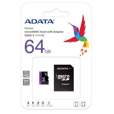 ADATA MicroSD kártya - 64GB microSDHC UHS-I Class10 (R/W: 80/10 MB/s) + adapter