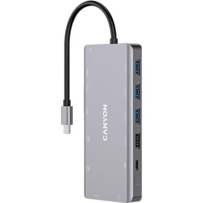 CANYON HUB 13-in-1, USB-C, 3xUSB3.0, 1xUSB2.0, 2xHDMI, VGA, Ethernet, Audio, SD/microSD, szürke - CNS-TDS12