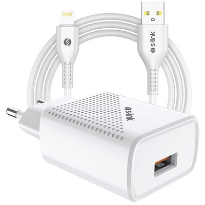 S-Link Telefon töltő - SL-EC40L (1db USB, 5V/2.4A, 12W, Gyorstöltés, Lightning-USB 100cm adat+töltőkábel, fehér)