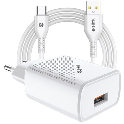 S-Link Telefon töltő - SL-EC40T (1db USB, 5V/2.4A, 12W, Gyorstöltés, USB Type-C, 100cm adat+töltőkábel, fehér)