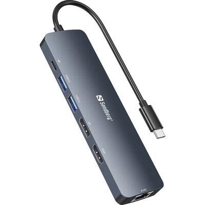 Sandberg Notebook Dokkoló - USB-C 8K Display Dock (Bemenet: USB-C; Kimenet: HDMI+DP+2xUSB-A3.0+USB-C+RJ45; 8K/30Hz)