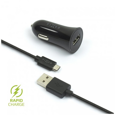 FIXED set of car charger with USB output and USB/micro USB cable, 1 meter, 12W Fekete