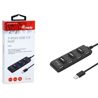 Equip-Life USB Hub - 128957 (7 Port, USB2.0, USB tápellátás, kompakt dizájn, fekete)