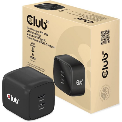 Club3D PPS 45W GAN technology, Dual port USB Type-C, Power Delivery(PD) 3.0 Support - Hálózati töltő