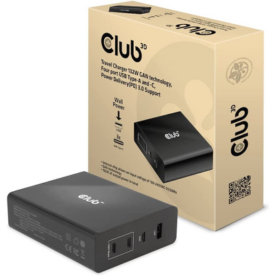 Club3D 132W GAN technology, 4 port USB Type-A and -C, Power Delivery(PD) 3.0 Support - Travel Charger