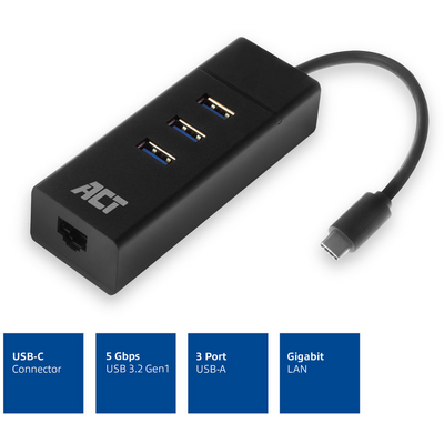 ACT AC6400 USB-C Hub 3 port and ethernet Black