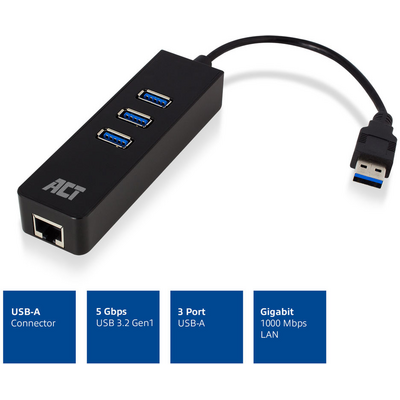 ACT AC6310 USB Hub 3.2 with 3 USB-A ports and ethernet