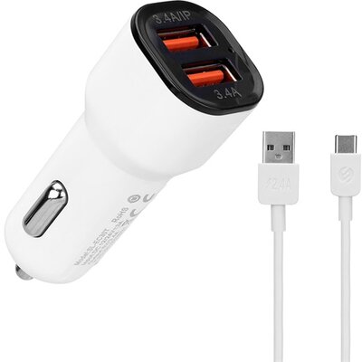 S-Link Autós töltő - EC30T (2db USB, 5V/2.4A/3,4A, 17W, Type-C, 100cm adat+töltőkábel, fehér)