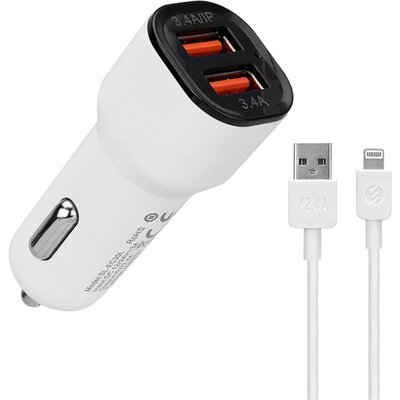 S-Link Autós töltő - SL-EC30L (2db USB, 5V/2.4A/3,4A, 17W, Lightning, 100cm adat+töltőkábel, fehér)