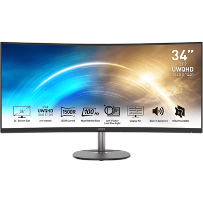 MSI PRO MP341CQ Ívelt Monitor 34" QHD, 3440x1440, 100Hz VA 21:9, 3000:1 CR, 300cd/m2, 4 ms, HDMI, DP, Fekete