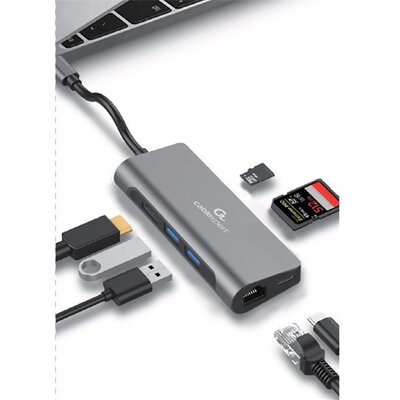 GEMBIRD Adapter, USB-C - USB HUB + HDMI + PD + Kártyaolvasó + LAN RJ45