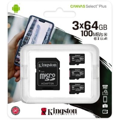 Card Micro SDXC Kingston 64GB Canvas Select 3P 3PC 100R A1 C10 + Adapter