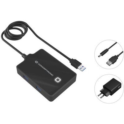 Conceptronic Aktív USB Hub - HUBBIES11BP (4 port, USB3.0, 90cm kábel, Hálózati táp, fekete)