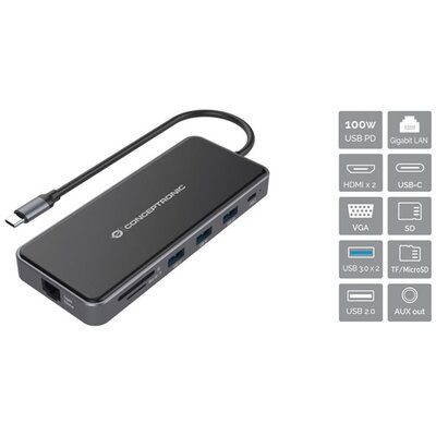 Conceptronic Notebook Dokkoló - DONN15G (Bemenet: USB-C, Kimenet: 2xHDMI+VGA+USB-C PD:100W+3xUSB-A+RJ-45+SD/TF+AUX)