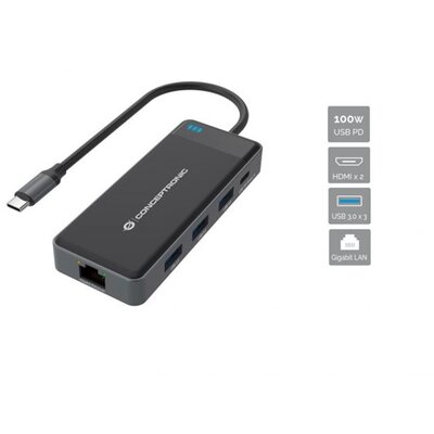 Conceptronic Notebook Dokkoló - DONN14G (Bemenet: USB-C, Kimenet: 2xHDMI+USB-C PD:100W+3xUSB-A+RJ-45, fekete)