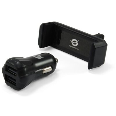 Conceptronic telefon töltő/tartó kit - CUSBCAR2AKIT (Szivargyujtós töltő: 2x USB-A, Telefontartó: 5,5-8,5 cm széles)